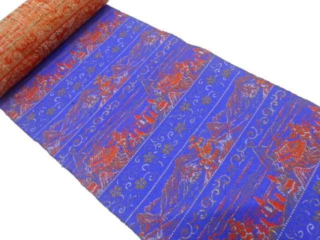 アンティーク　唐風景模様織り出し　八寸帯地反物